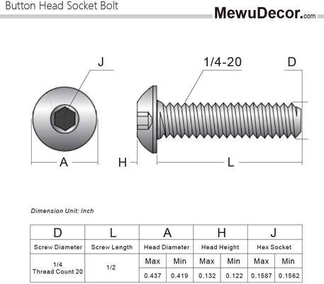 1/4-20 x 1/2 pulgadas de cabeza de botón enchufe de tapa pernos 18-8 acero inoxidable 304 acabado plano de hilo completo Allen hex drive cabeza de pane
