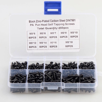 ALLOY Color natural 450pcs M3 Acero de carbono Negro Cruz PA Cabeza Pan Cabeza redonda Cabeza de auto-toque de tornillo conjunto de combinación Kit de variedad