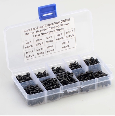 ALLOY Color natural 450pcs M3 Acero de carbono Negro Cruz PA Cabeza Pan Cabeza redonda Cabeza de auto-toque de tornillo conjunto de combinación Kit de variedad