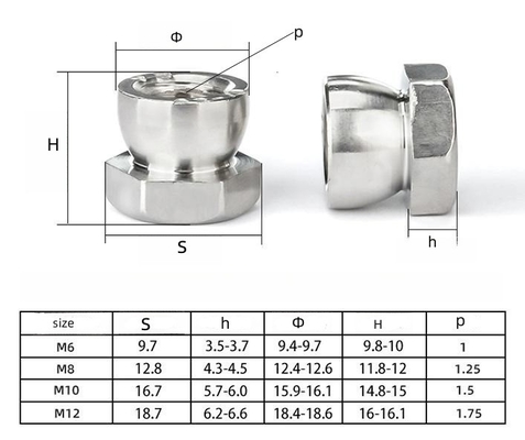 Nuts de seguridad de acero inoxidable cromados M6 M8 M10 8mm-50mm Longitudes para protección contra tornillos y sistema de medición métrica