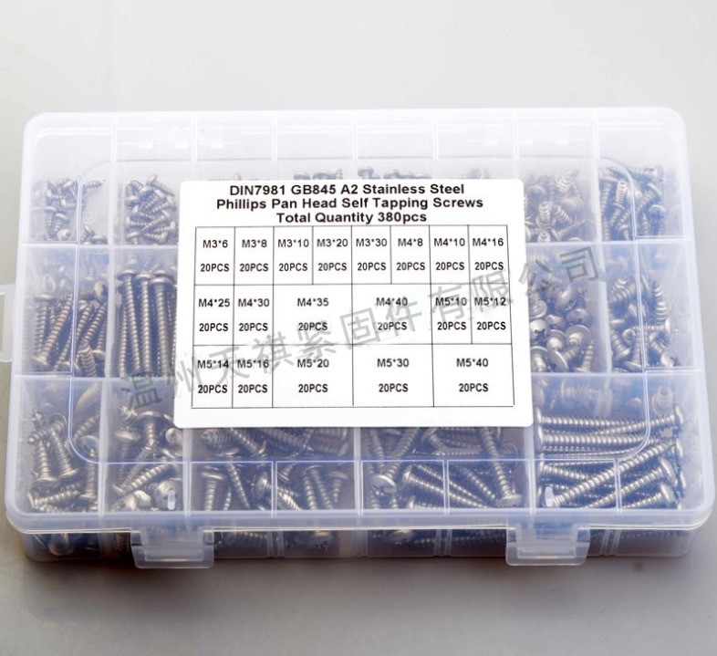 17*10*2.3 Conjunto combinado de tuercas de tornillo 380pcs de acero inoxidable 304 din7981 cabeza de panela cruzada / cabeza redonda con autoapertura m3m4m5 Kit de selección