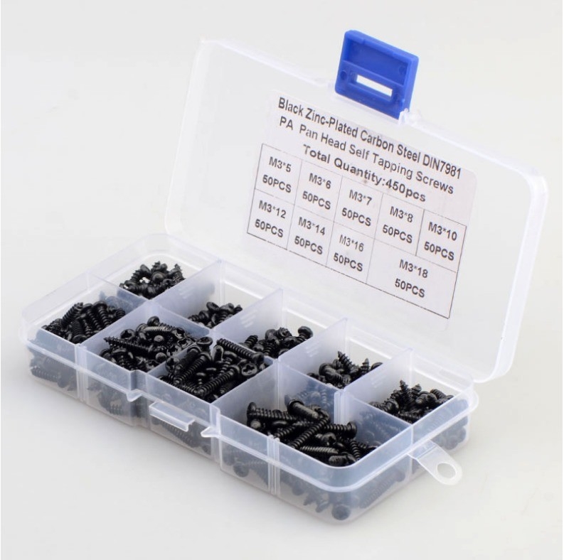 ALLOY Color natural 450pcs M3 Acero de carbono Negro Cruz PA Cabeza Pan Cabeza redonda Cabeza de auto-toque de tornillo conjunto de combinación Kit de variedad